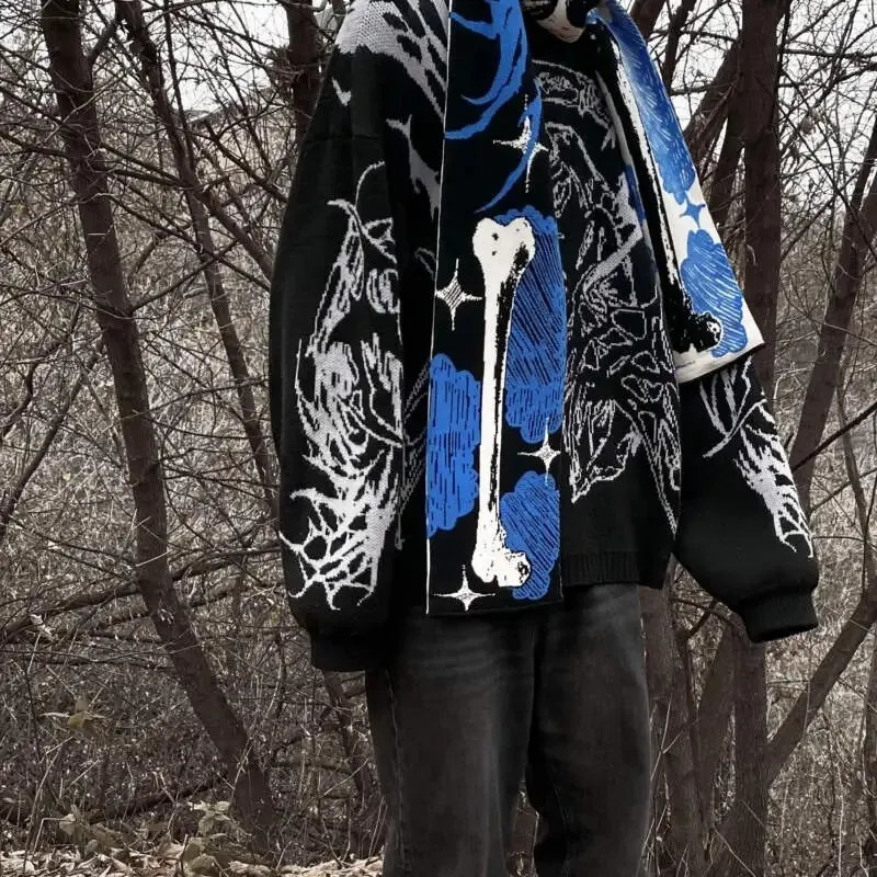 Fashion creative Anime Skeletons striped knitted womens scarf mens winter scarf apron black tassel luminous Y2K Kpop 250813
