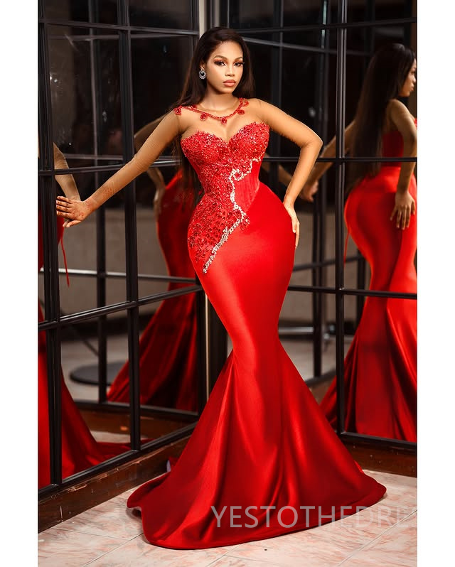 2025 Mermaid Red Prom Dresses For Black Women Aso Ebi Illusion Sheer Neck Long Sleeves Appliqued Lace Beaded Birthday Dress Second Reception Gown AM21