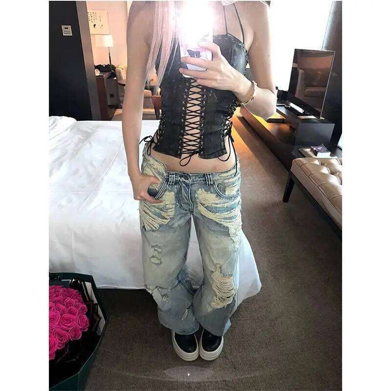 American High Street Vintage Ripped Jeans Women's New Low Rise Retro Straight Leg Floor Pants Female Clothing