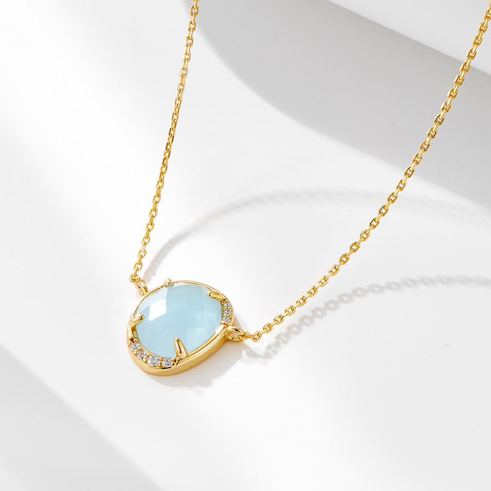 Oval Egg-Shaped Natural Aquamarine Pendant Sterling Sier Necklace for Women, Niche High-End Clavicle Chain Jewelry for Women