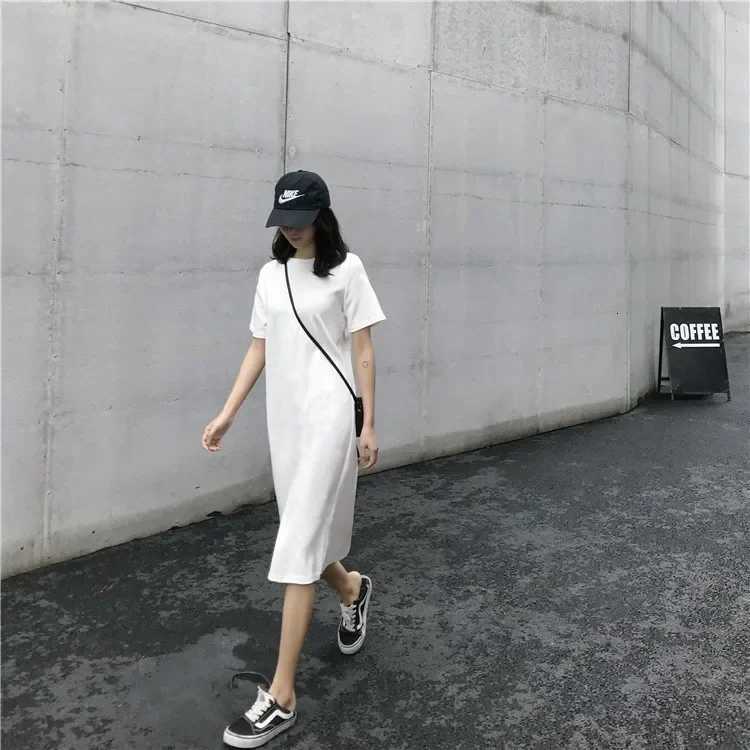 Long T-Shirt Dress Summer Korean Style Womens Mid-Length Short-Sleeve Round Neck Straight Tube Over-Knee Body-Con Dress XJ250814