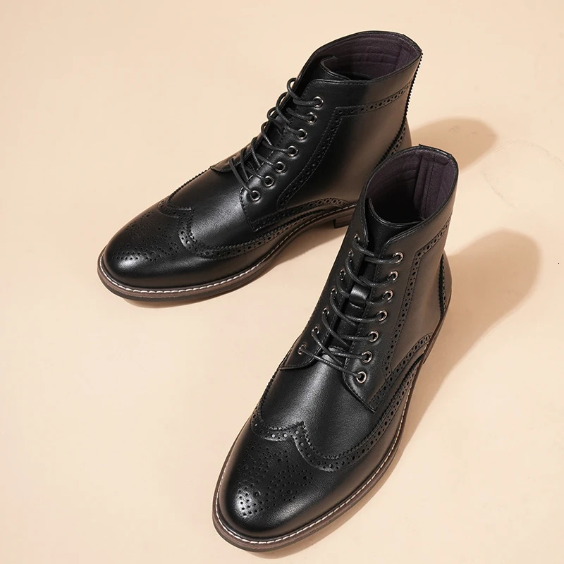 British Style Mens Brogue High Toe Shoes Vintage Leather Chelsea Boots Lace Up Autumn Winter Work Shoes Ankle Boots Men 250811