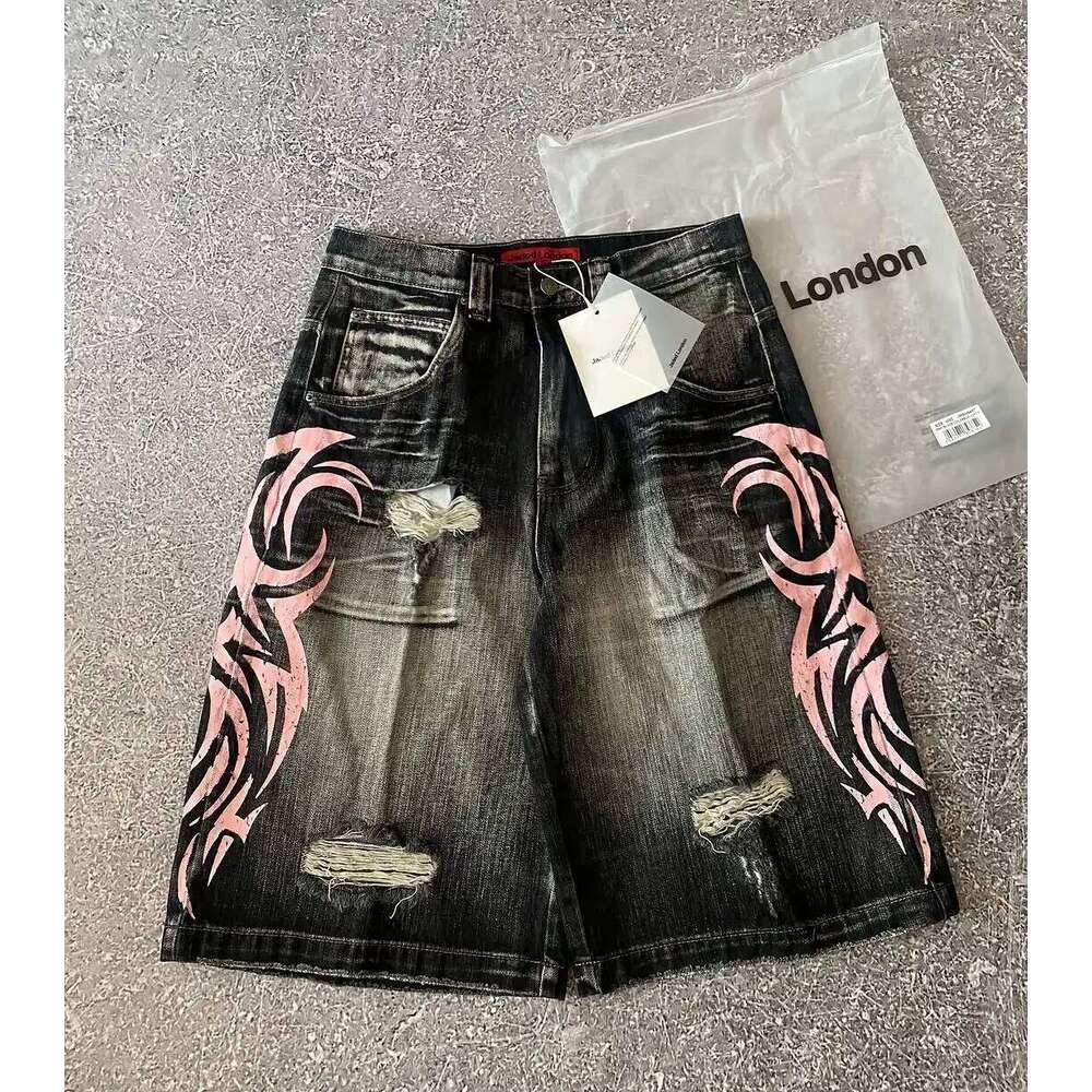 2025 New Gothic Flame Print Used in Old Washing and Worn Five-point Men's Street Fashion Haruku Y2K Baggy Jeans