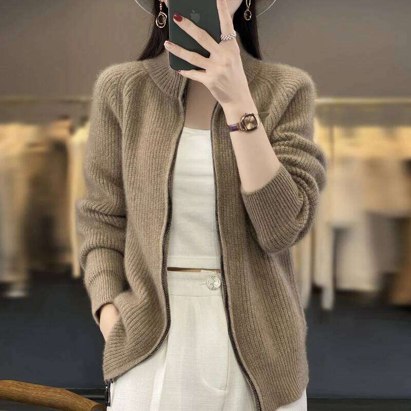 Women's 100% Merino Wool Knitting Sweater Turtleneck Zipper Cardigan Autumn/Winter Casual Loose Top Thickening Cashmere Jacket 20250809