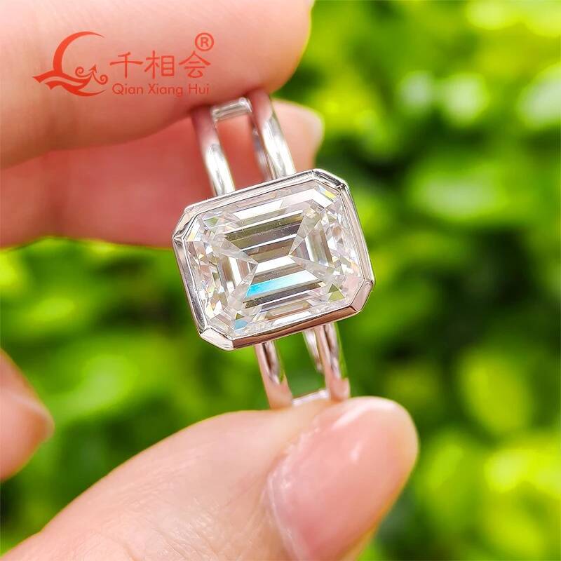 10x12mm 8ct Emerald Cut D white Moissanite Ring with Two Circle Design 925 Sterling Silver Jewelry Gift for Wedding