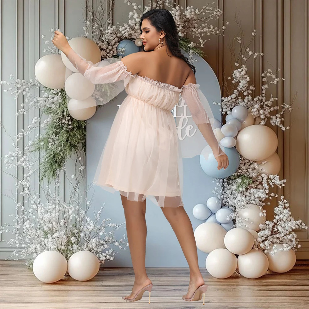 Maternity Mesh Pography Gown Long Sleeves Off-shoulder Elegant Summer Short Dress for Baby Shower Poshoot 250813