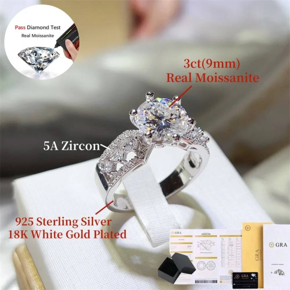 NKHOG 3CT GRA Certified Moissanite Rings Women S925 Silver Luxury Diamond Wedding Party Band 18K Plated Fine Jewelry Wholesale