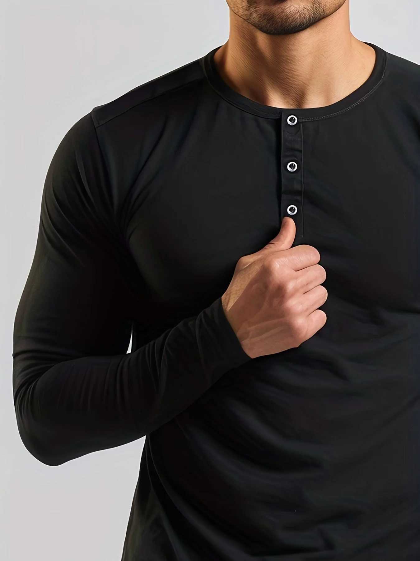 New Bodybuilding Long Sleeve Henley T-Shirt Sports Stretch Casual Base Shirt XJ250804