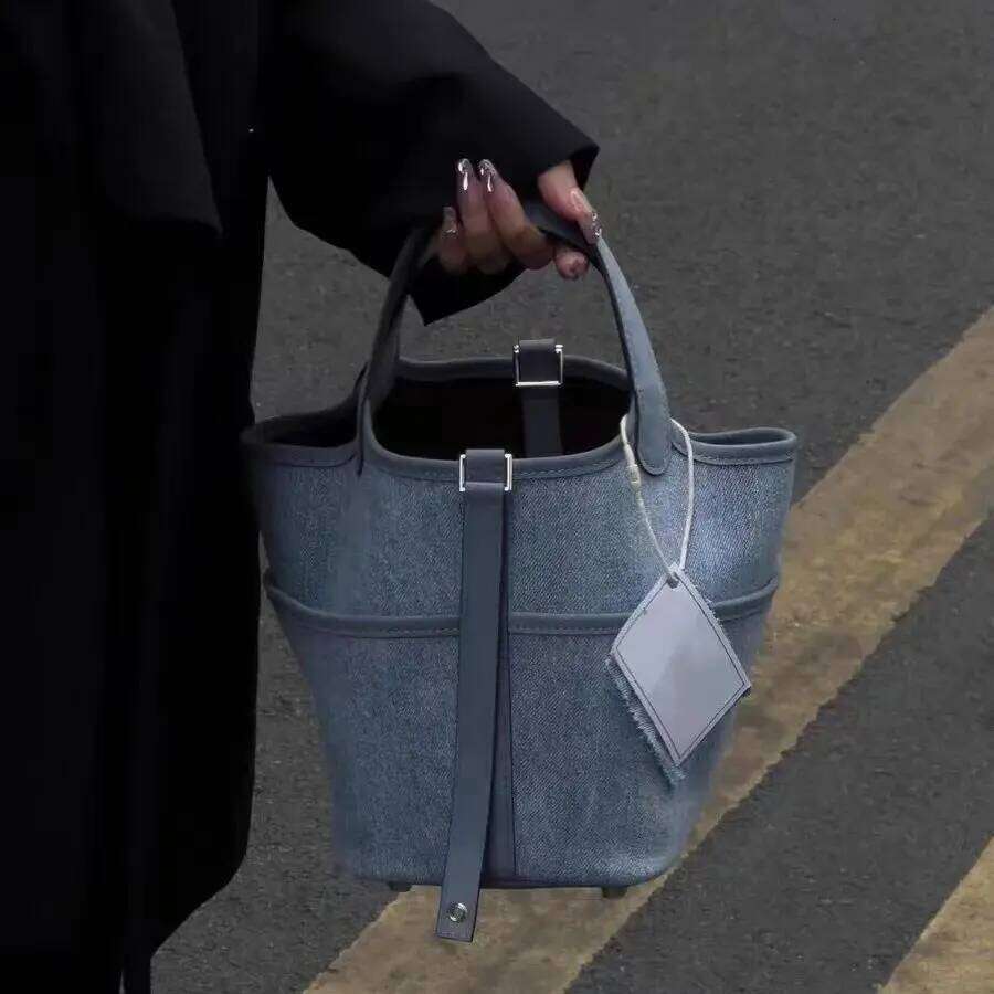 Denim Handbag Women Summer New Work Commuting Spliced Bucket Fashion Versatile Simple Tote Female Shopping Bag