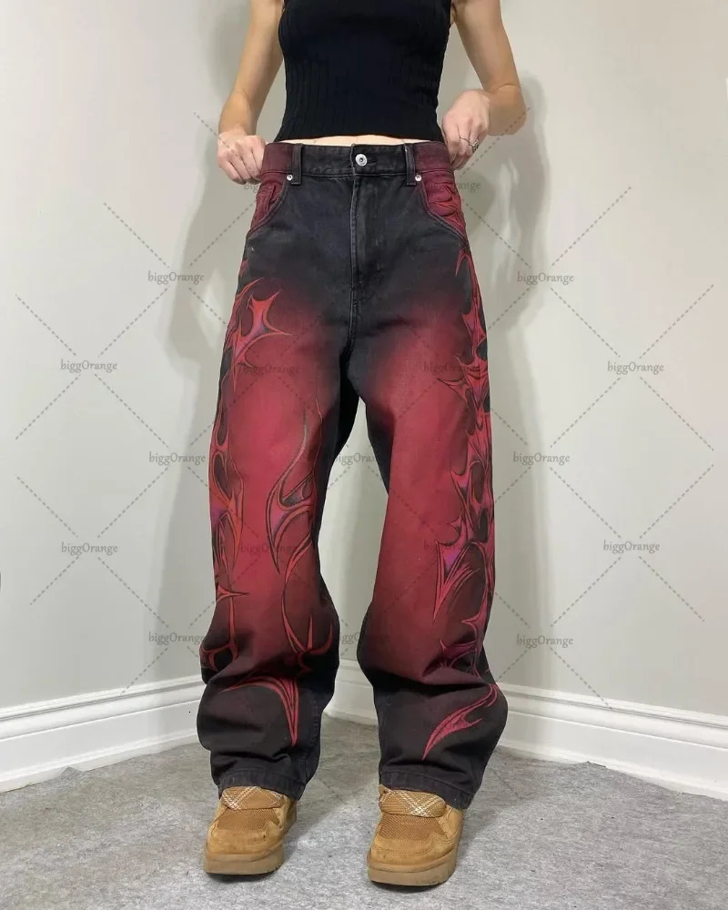 Y2K Loose Gothic Punk Pattern Printed Jeans Streetwear Hip-hop Straight Pants High Street Harajuku Retro Loose Casual Trousers 250813