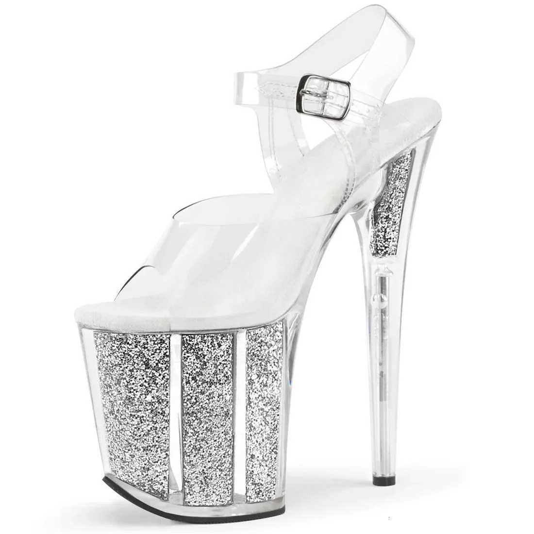 20CM Thin High Heels Stiletto Plus Size Sequins Platform Pumps Summer Crystal PVC Womens Shoes Steel Pipe Dance Sandals W250814