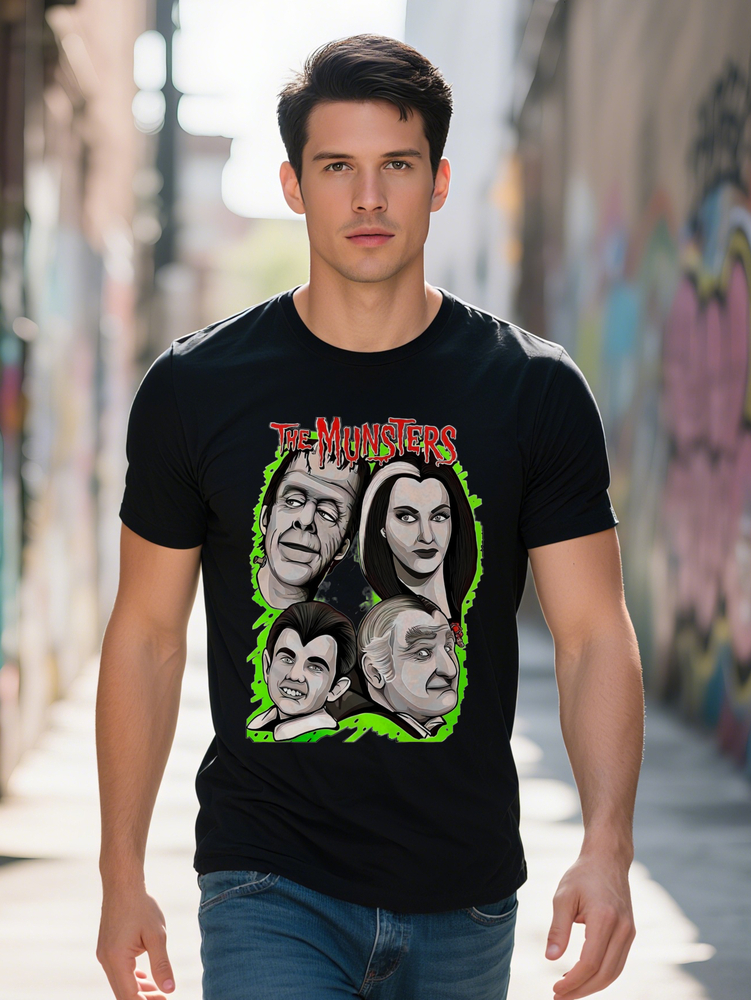 Men Casual Graphic T-Shirt Frankenstein s Monster Bride Print Black with Neon Green Accents Regular Fit Summer