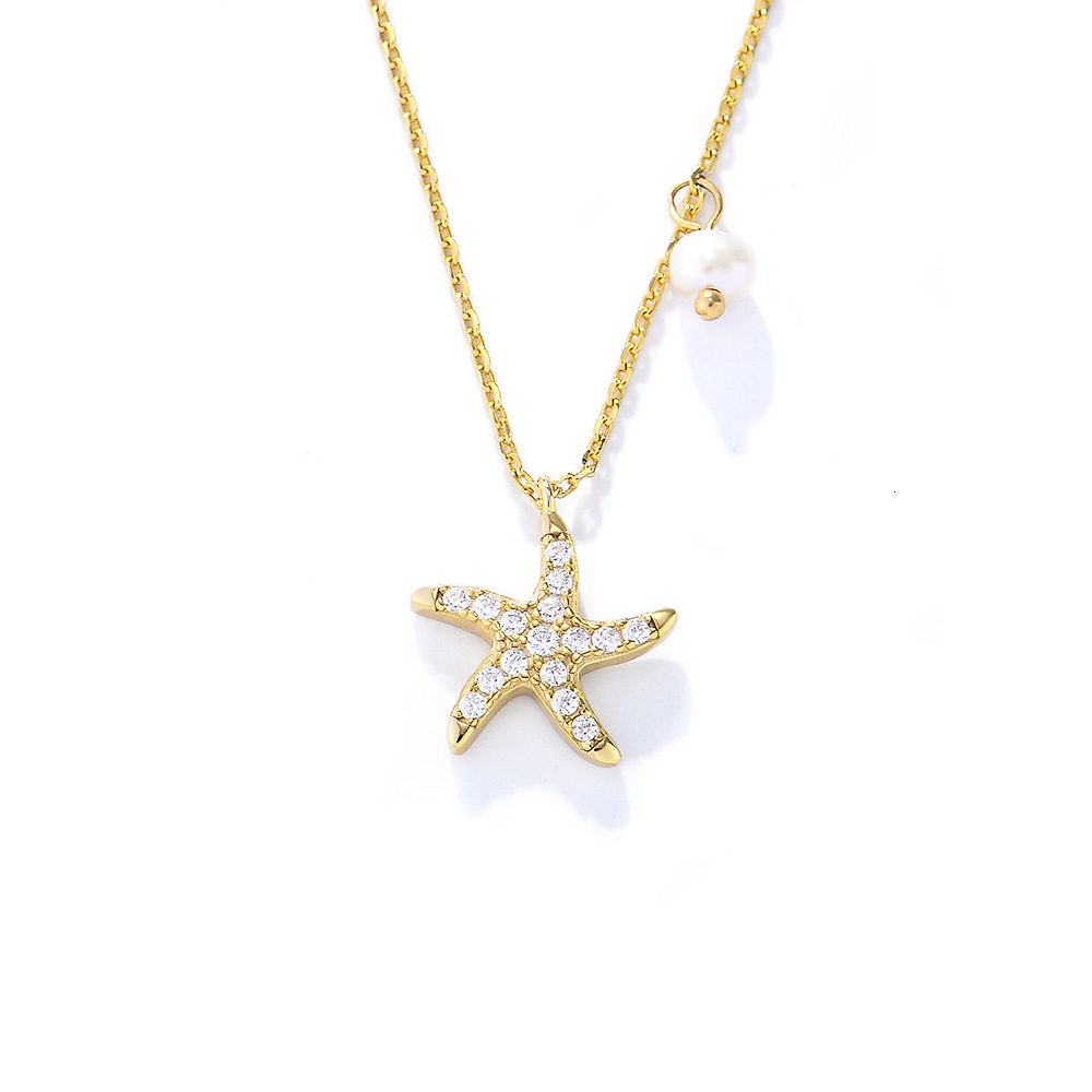 S Pure Sier Simple Full Dia Starfish Pentagram Short Clavicle Chain Pearl Necklace for Women with Unique Design and Light Jewelry for Women