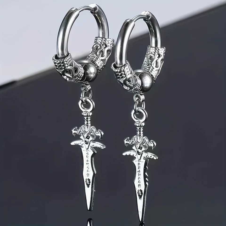 2pcs Stainless Steel Dragon Coil Sword Pendant Drop Hoop Earrings Unique Punk Hip Hop Style for Men Women Daily Wear JewelryXJ250814