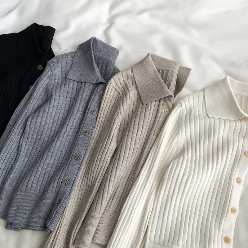 High Quality Knit Cardigan Tops Women Fashion Polo Collar Buttons Up Sweaters Fall Winter Solid Casual Long Sleeve Knitwear 250808