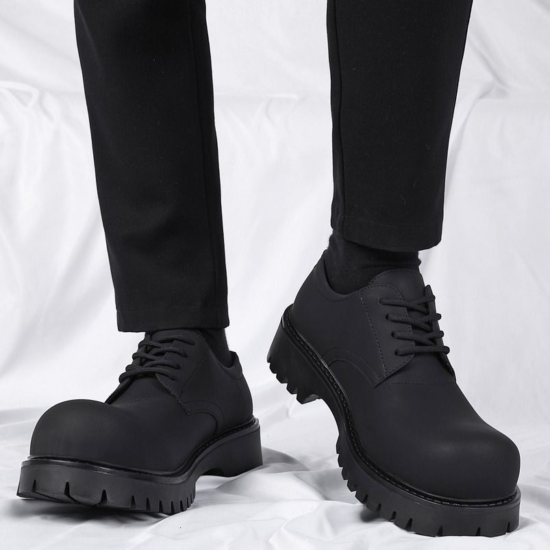 Derby for Men Spring New Black Matte Business Formal Versatile Height Increasing Thick Sole Round Large Toe Men's Leather Shoes