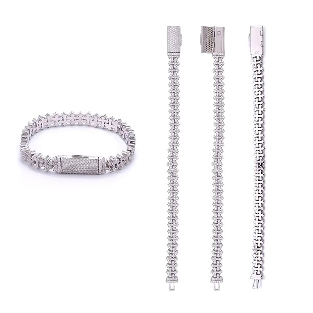 NUOYA 8MM Chain VVS Moissanite Hip Hop Sier Cross Cuban Bracelet for Men and Women