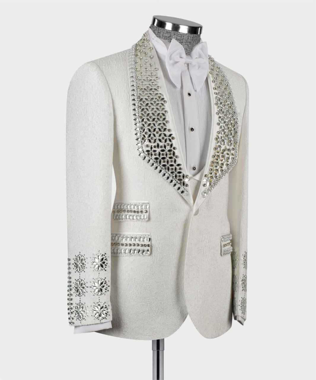 Gold Gem Stone Crytals Men Suits Shawl Lapel Groom Wedding Tuxedo 3 Pieces Sets Dinner Party Blazers Customized Costume Homme