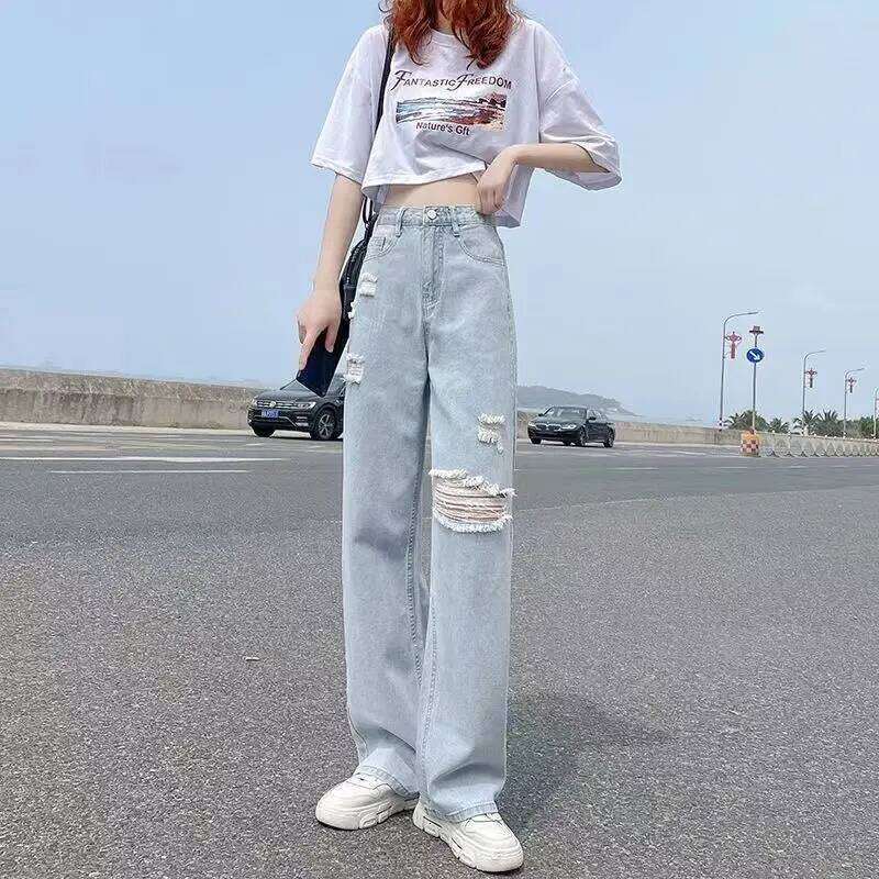 Pierced High Waist Jeans Women's Spring and Summer Straight Tube Loose 2022 New Fashion Casual Thin Wide Leg Pants