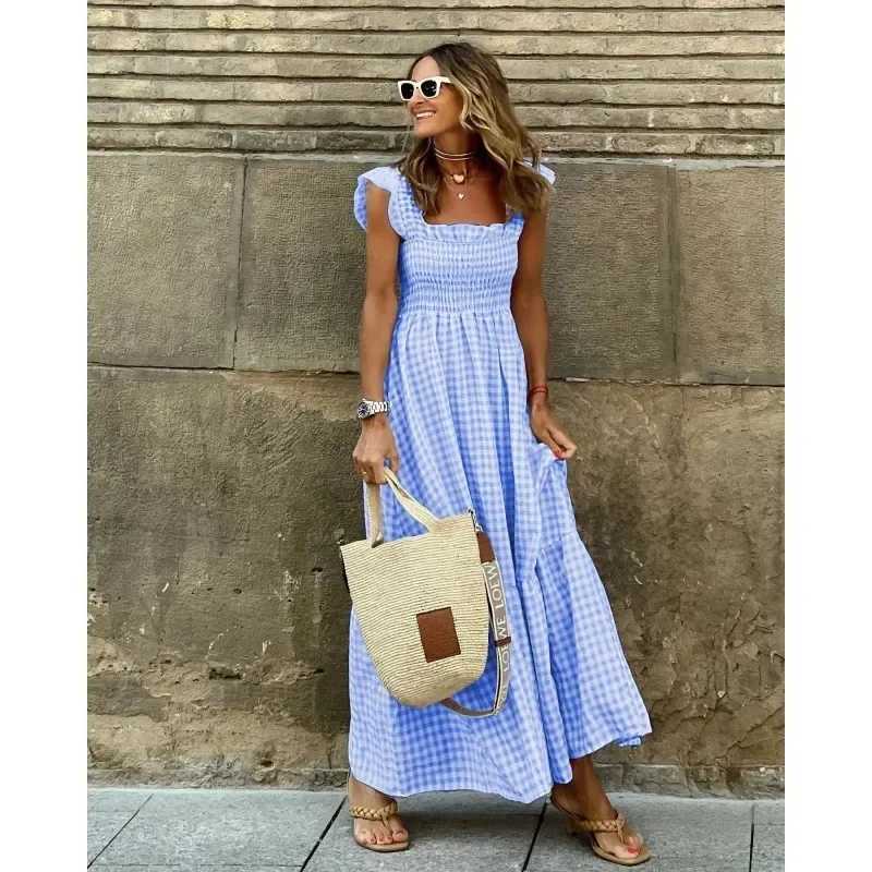 100% Plaid Slip Maxi Long Dress Summer Women Strapless Ruffle Backless Pleated Elastic Waist Boho Party Swing Loose Dresses XJ250814