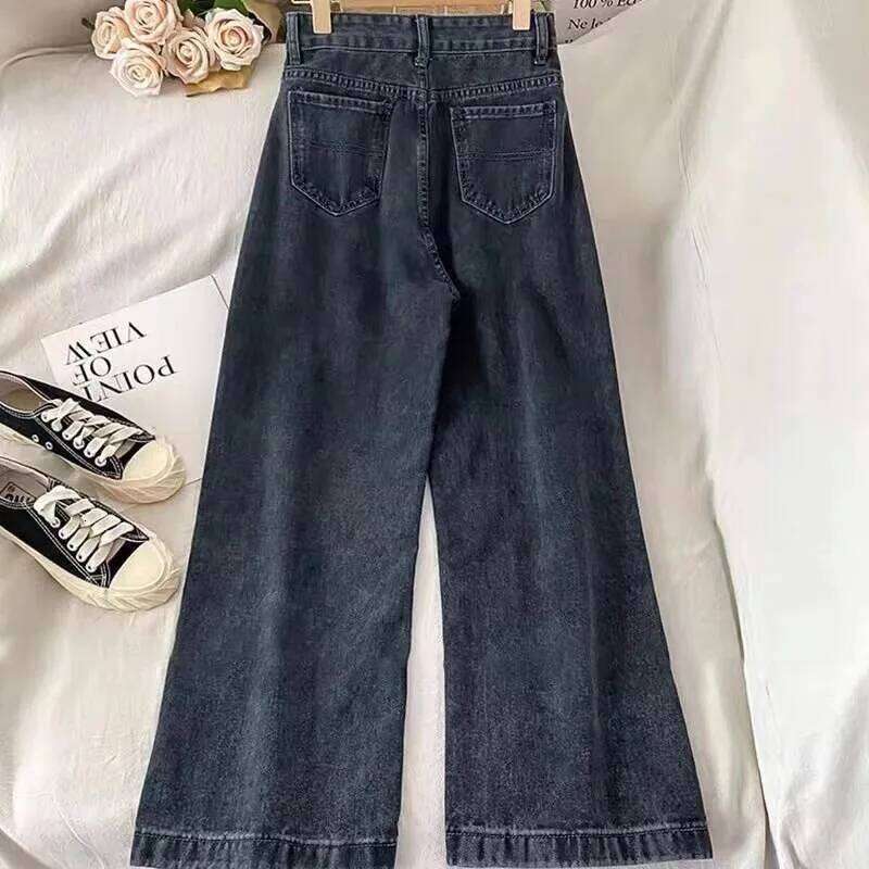 Autumn Spring Women Denim Vintage Straight Trousers Fashion Female Solid Pocket Casual Jeans Wide Leg Pants