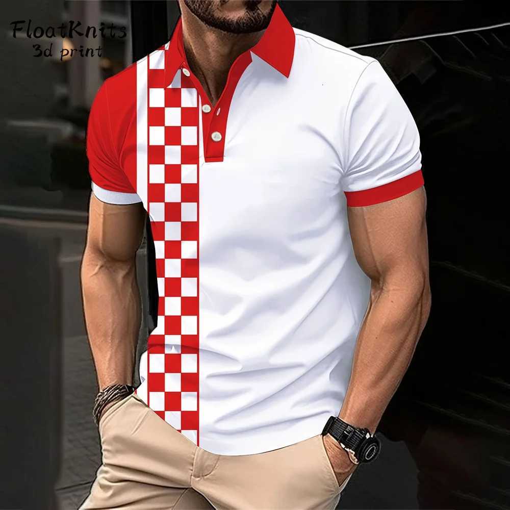 Mens Short Sleeve Polo Shirt Summer Line Plaid Printed Breathable Streetwear Fashion Splicing Mens Casual Shirt New Lapel Tops XJ250804