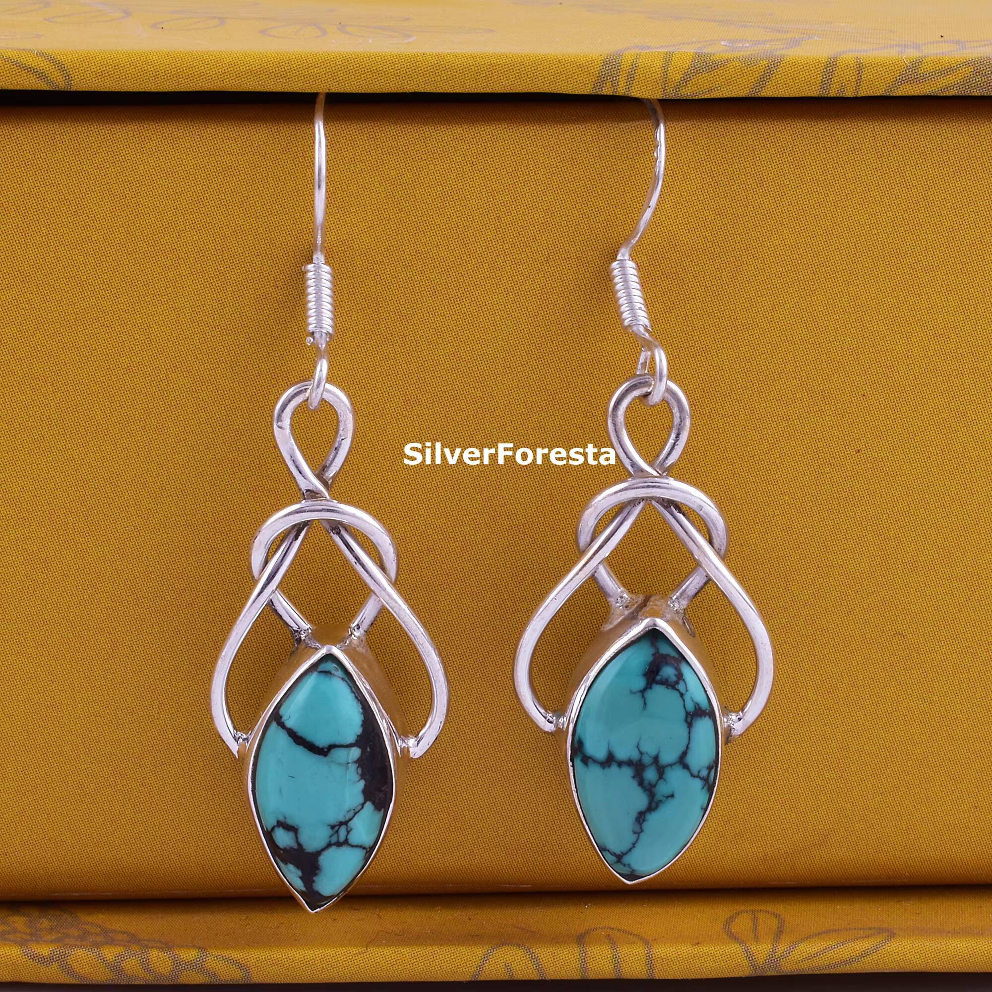 Bohemian Turquoise Ethnic Pendant for Women and Girls, Exaggerated Geometric Blue Natural Stone Earrings