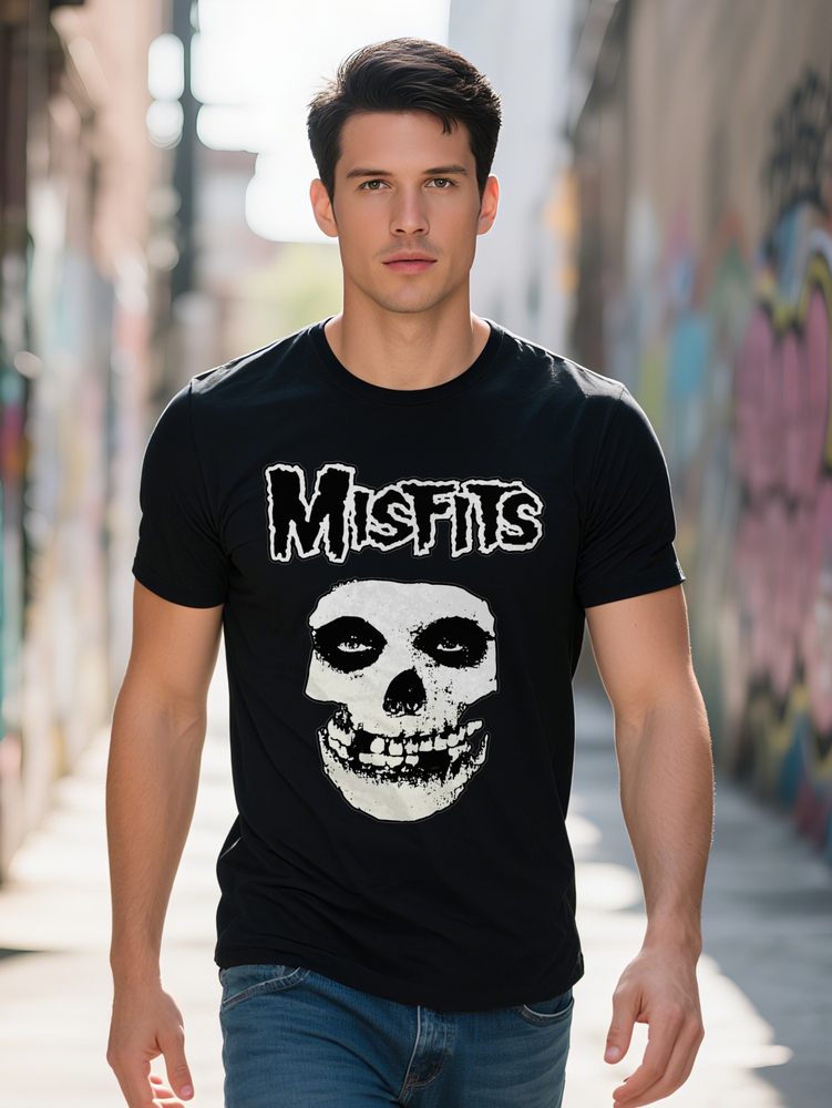 s Misfits T Black Crew Neck with Skull Print Short Sleeve Shirt for Men Fabric Summer Casual Wear Bold