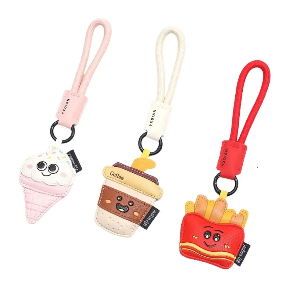 Funny Coffee Cup Shape Keychain Cartoon French Fries Ice Cream Pendant PU Leather Bag Hanging Charm Car Key Ring Bag Key Decor 250813