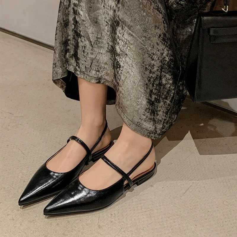 New Women Baotou Patent Leather One Line Buckle Strap Cat Heel Sandals Female Sexy Black Silk Pointed Thin Heel Flat Shoes W250814