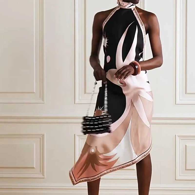 Sexy Backless Irregular Printed Dress Summer Halter Sleeveless Party Dresses Vintage Satin Slim Vacation One-piece Gowns Dress XJ250814