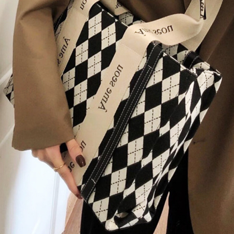 Autumn Winter Houndstooth Diamond Shoulder Design Canvas Commuter Tote Bag for Women
