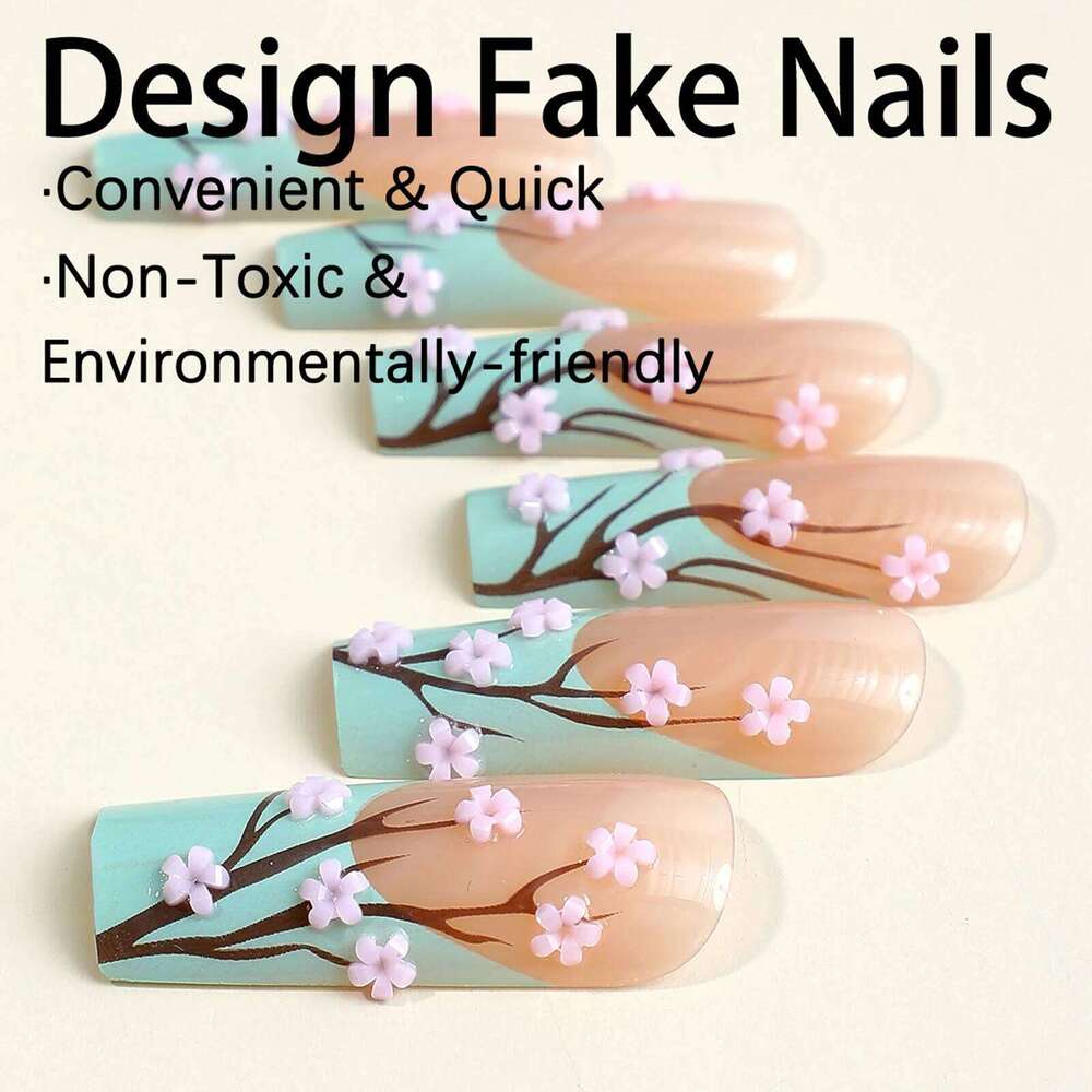 24pcs Long Ballerina Fake 3d Flowers Decor Green French Press on Full Cover Wearable European Spice Girl False Nails X250814