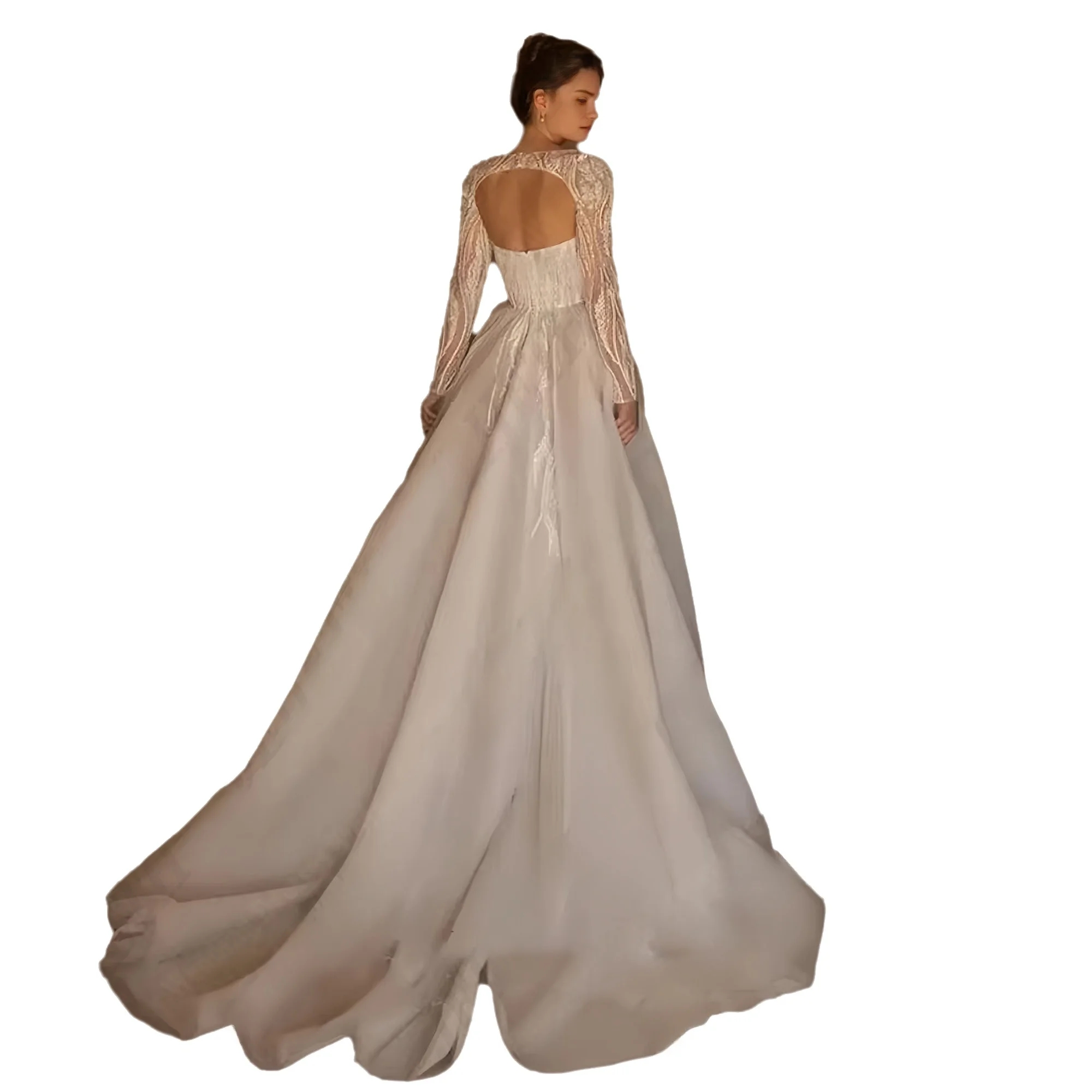 2025 Elegant A-line Wedding Dress Sweetheart Embroidery Appliques Beads Long Sleeves A Line Organza Bride Brida Grown Vestidos De Noiva