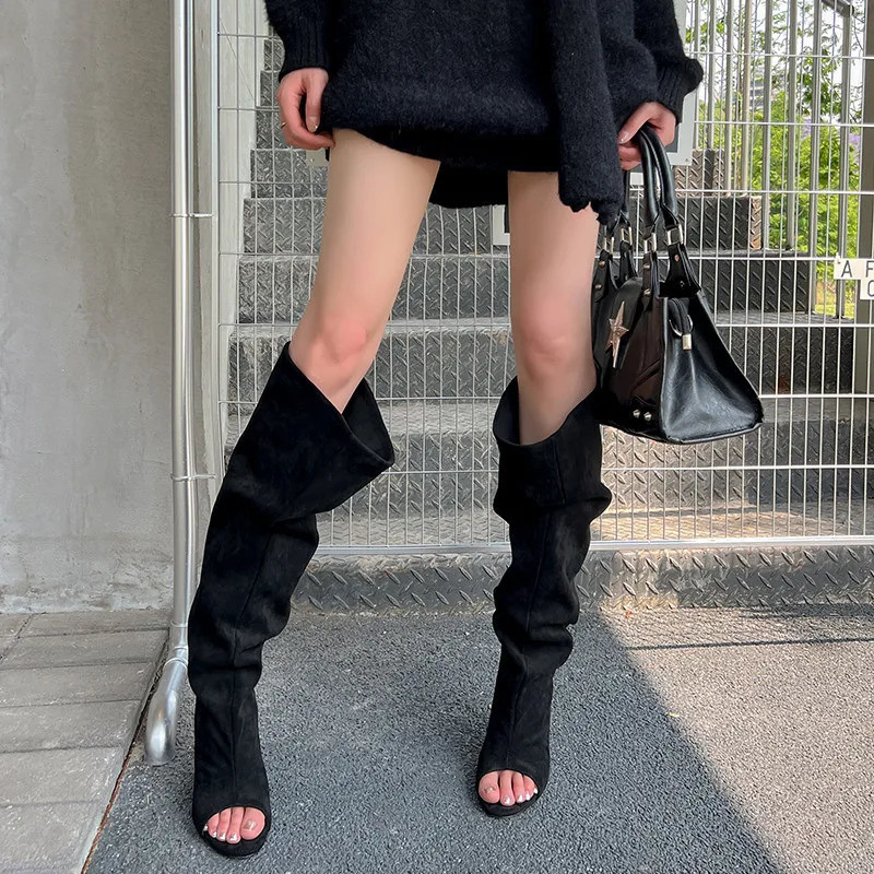 MKKHOU Fashion Knee length Boots Womens High Quality Suede Open Toe Fish Mouth Boots with Folded Wedge Heels High Boots 250812