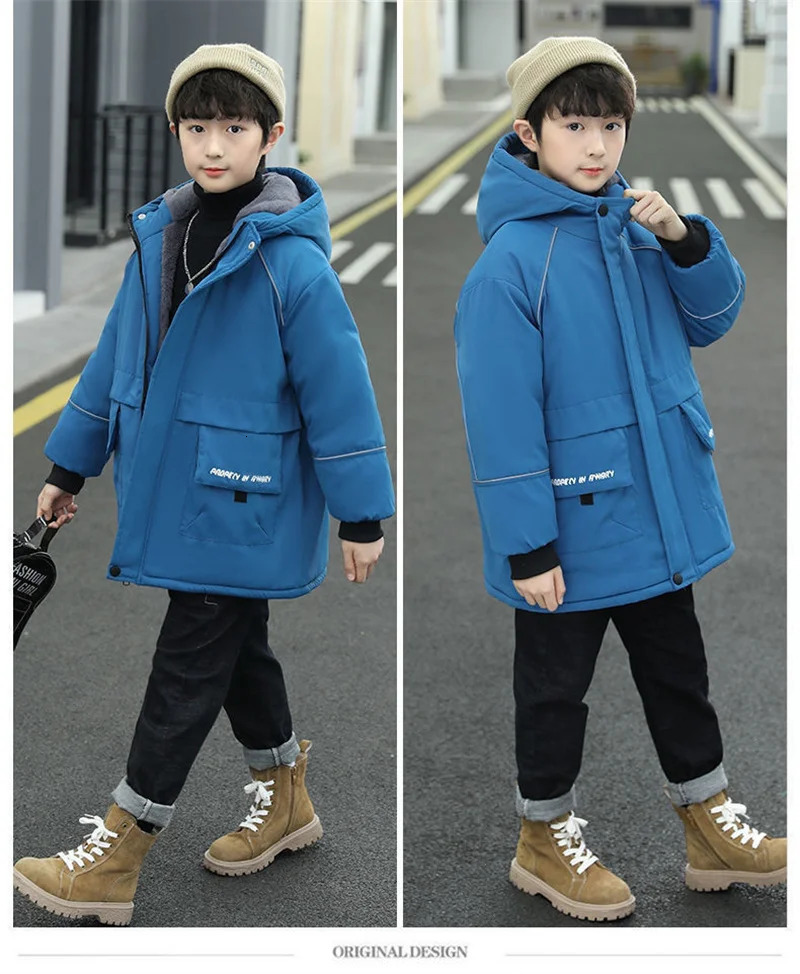 Boys Plus Velvet Outerwear Kids Winter Thicken Warm Overcoat Children Casual Print Jacket Teenager Clothing 250813