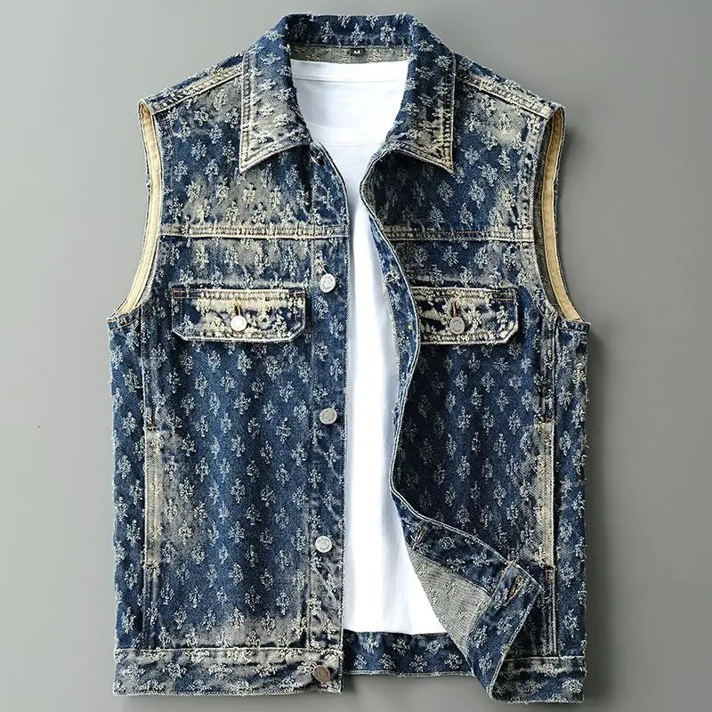 Retro Trendy Motorcycle Denim Vest for Men Spring and Autumn High Street Stylish Loose Jacquard Sleeveless Outerwear 250805