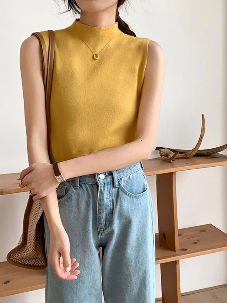 Female Pullover Sexy Knitted Top Summer Half High Collar Tank Top Women Camisole Blouse Sleeveless Slim Top Casual Camis 250813