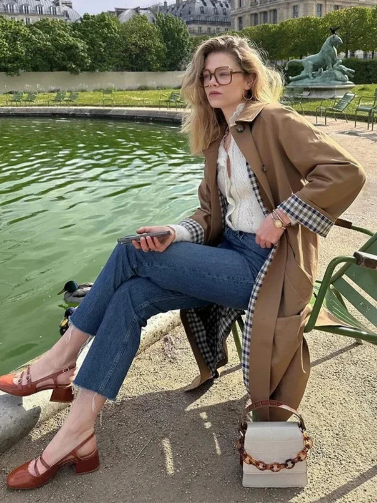 Women Casual Khaki Plaid Lined Lapel Long Coats 2024 Fashion Single Breasted Jacket with Pocket Female Chic High Street Overcoat 250805