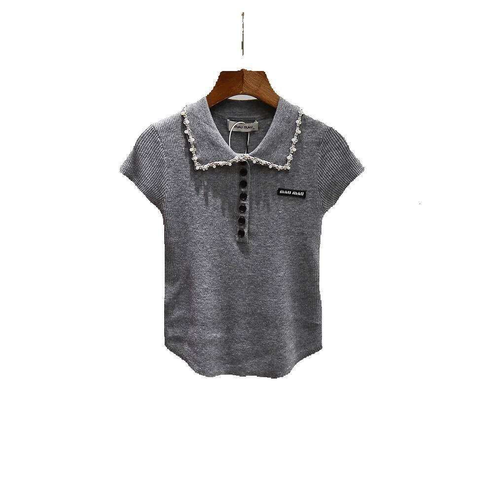 High-End Women's Summer New Age-Reducing Style Beaded Turn-Down Collar Curved Design Short-Sleeve Knitted Top For Women