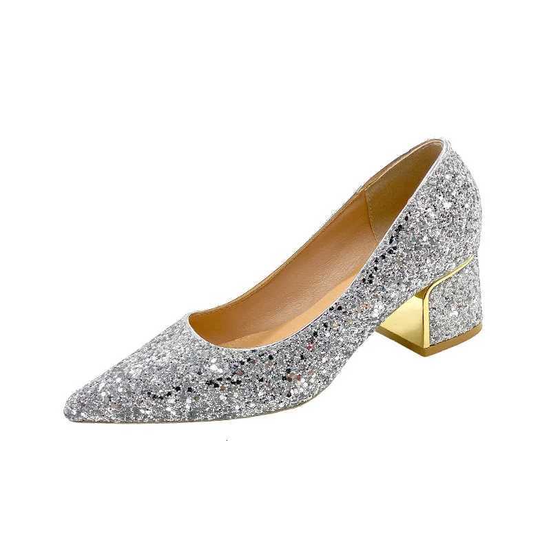 Thick Silver Glitter Heels Pumps Women Luxury Pointed Toe Party Wedding Shoes Woman Plus Size 42 Shallow High Heels Pumps Ladies W250814