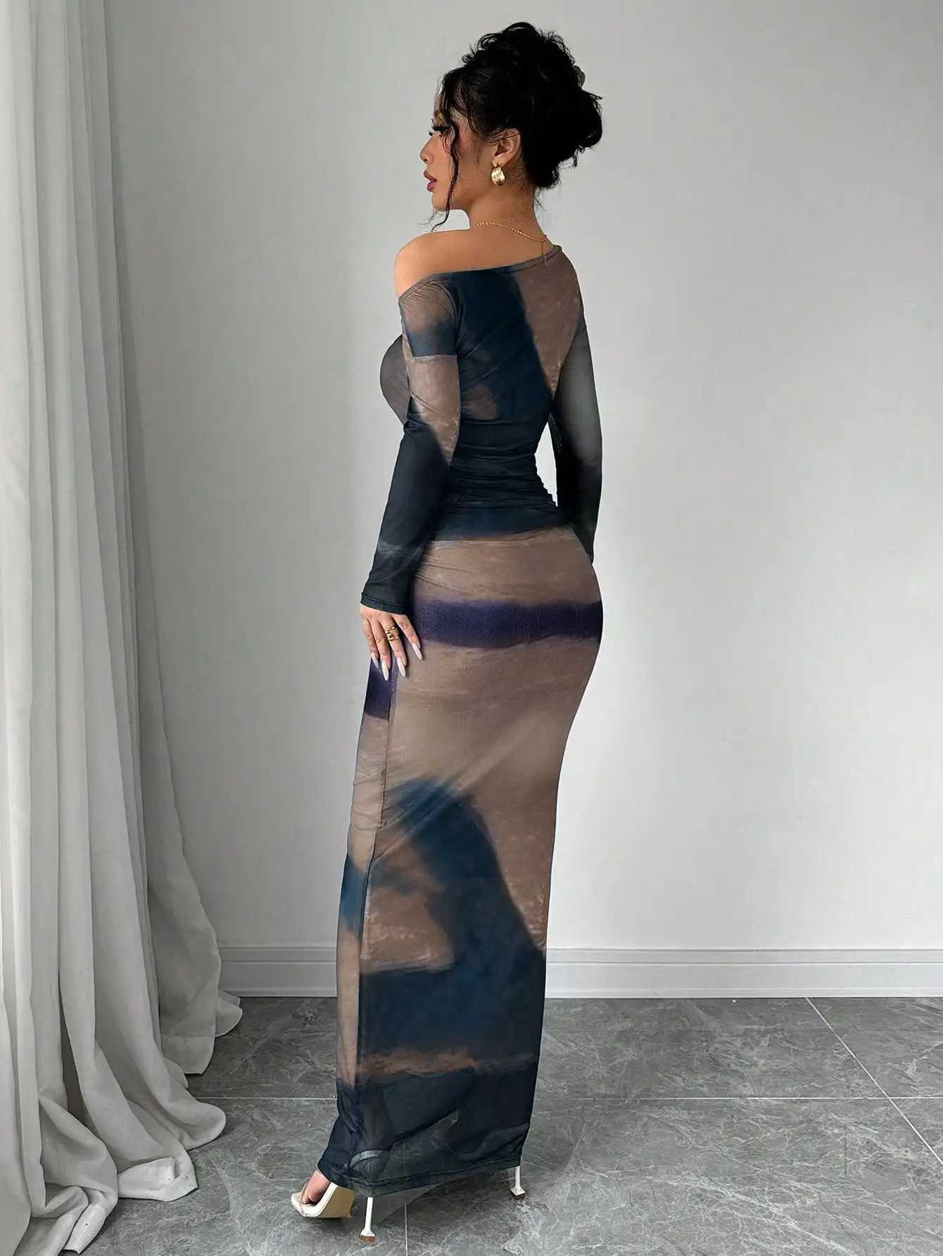 Long Tie-Dye Green Foldover One Shoulder Pleated Bodycon Maxi Dress Women OutfitXJ250814