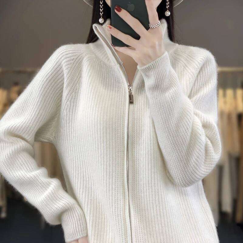 Women's 100% Merino Wool Knitting Sweater Turtleneck Zipper Cardigan Autumn/Winter Casual Loose Top Thickening Cashmere Jacket 20250809
