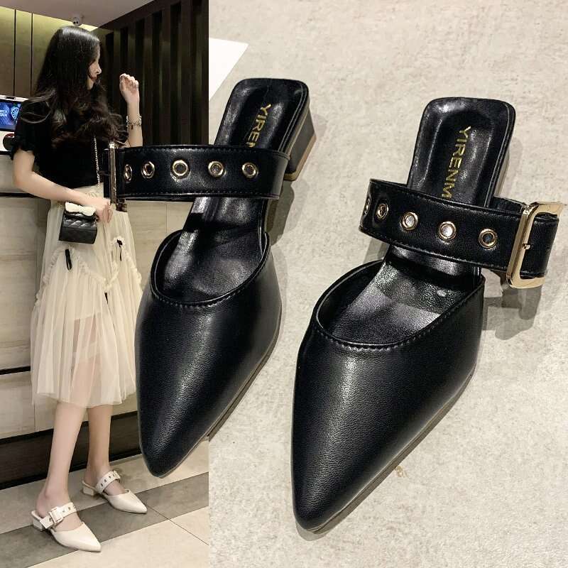 Women's Half-Pack Outdoor Pointed Toe Studded Designer shoe Chunky Heel Mules Closed-Toe Sandals Simple Fashion Single Shoes Closed-