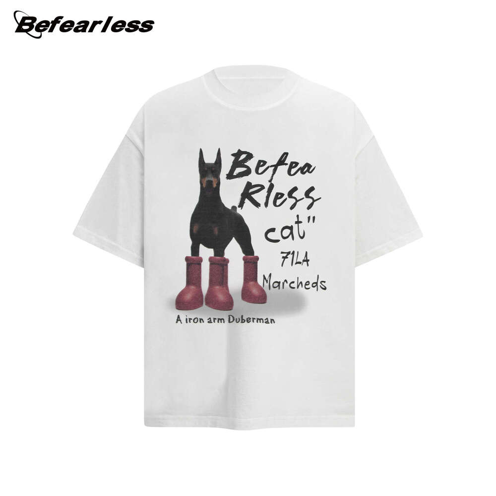American Style Washed Vintage Red Boots Puppy Short Sleeve Round Neck T-Shirt Summer Unisex Trendy Loose Couple Top B5