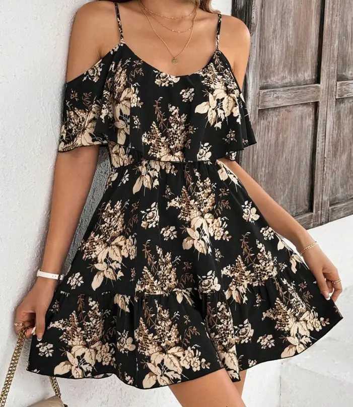 100% Cotton Printed Halter Neck Mini Dress Womens Bowed Waist Pleated Skirt Short Sleeve V-neck Gown for Ladies Fashionable XJ250814