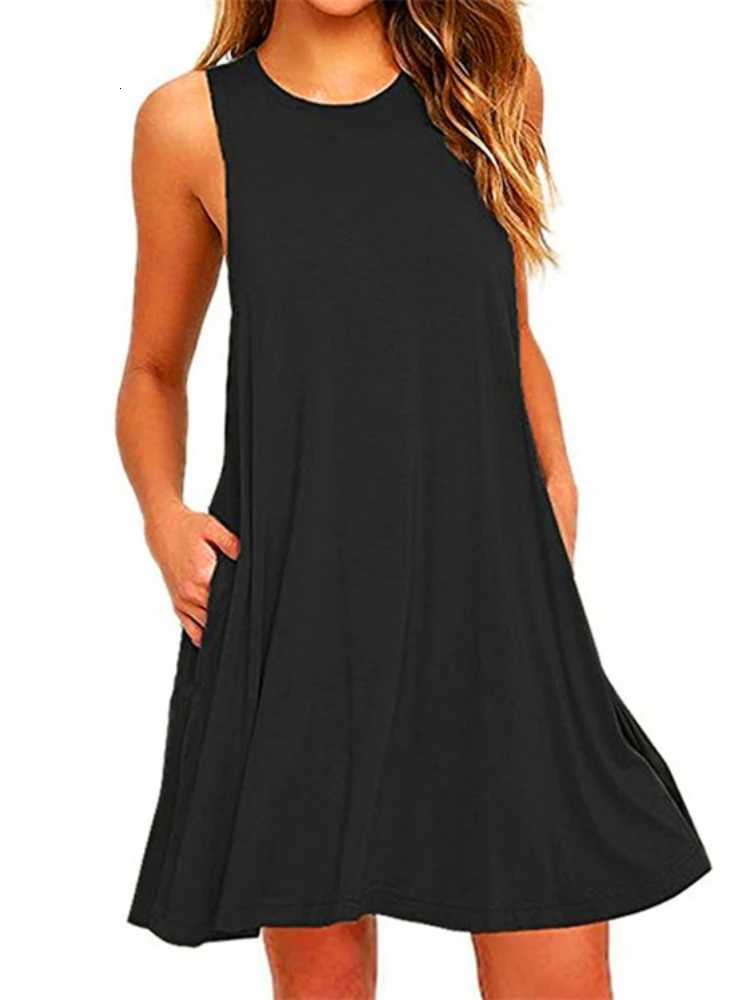 With Pocket Solid Color Sleeveless Loose Dress Women O Neck Mini Casual Dress Office Club Party Dresses XJ250814