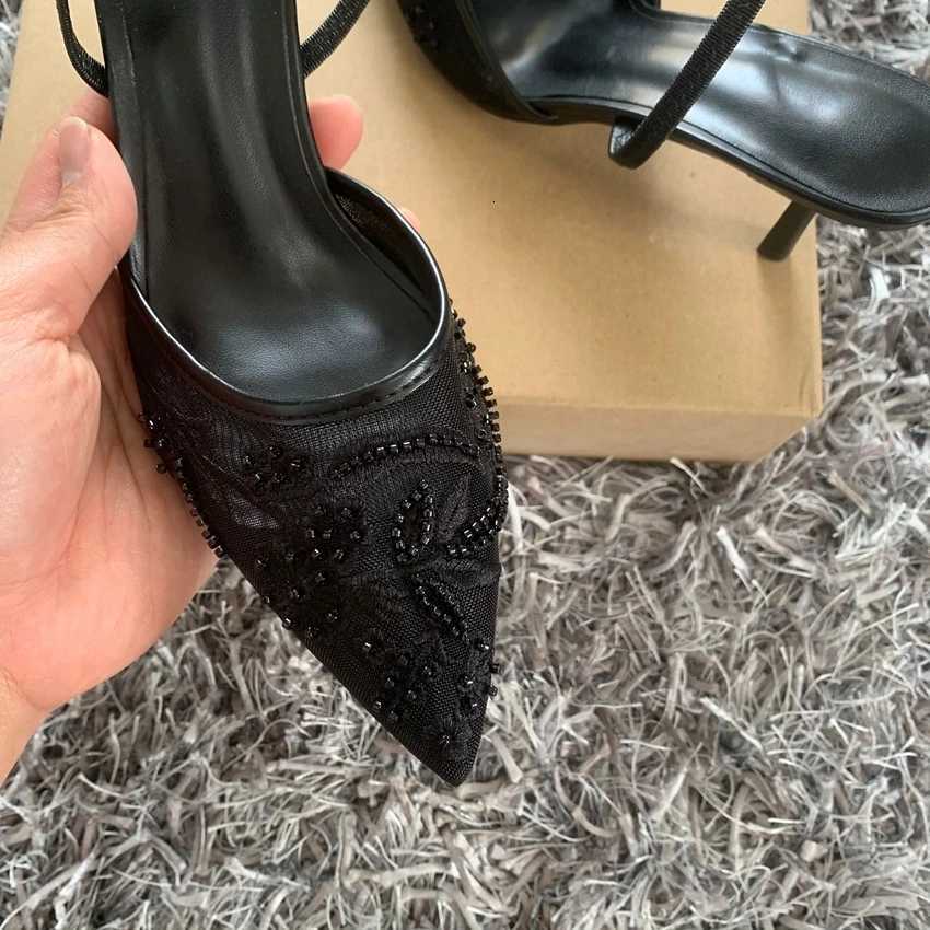 Black Embroidered Mesh Slingback High Heels Sandals for Women Designer Shoes Elegant Style Wedding Party Pumps W250814