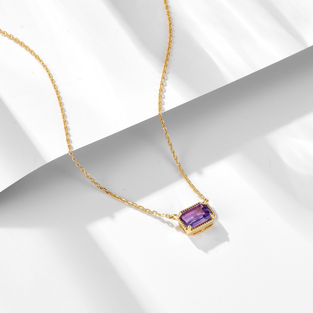 INS Rectangular Natural Amethyst Sterling Sier Necklace for Women Simple High-end Versatile Collarbone Chain Jewelry Jewelry for Women