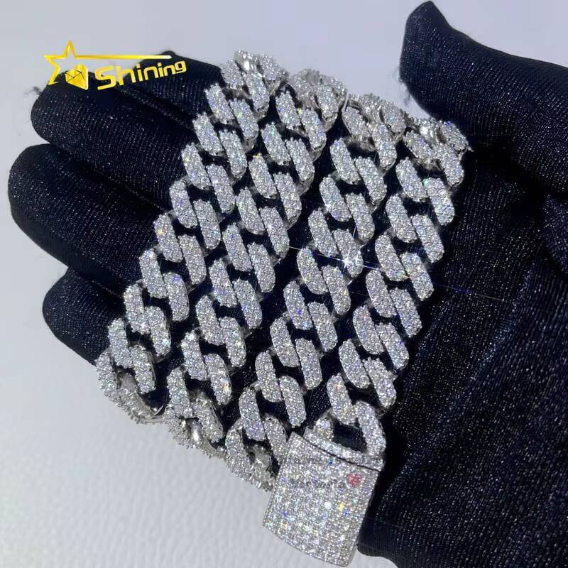 Stock Drop Shipping Silver 925 Men Fashion White Gold Solid Heavy Thick 13MM Iced Out Diamond Moissanite Cuban Chain